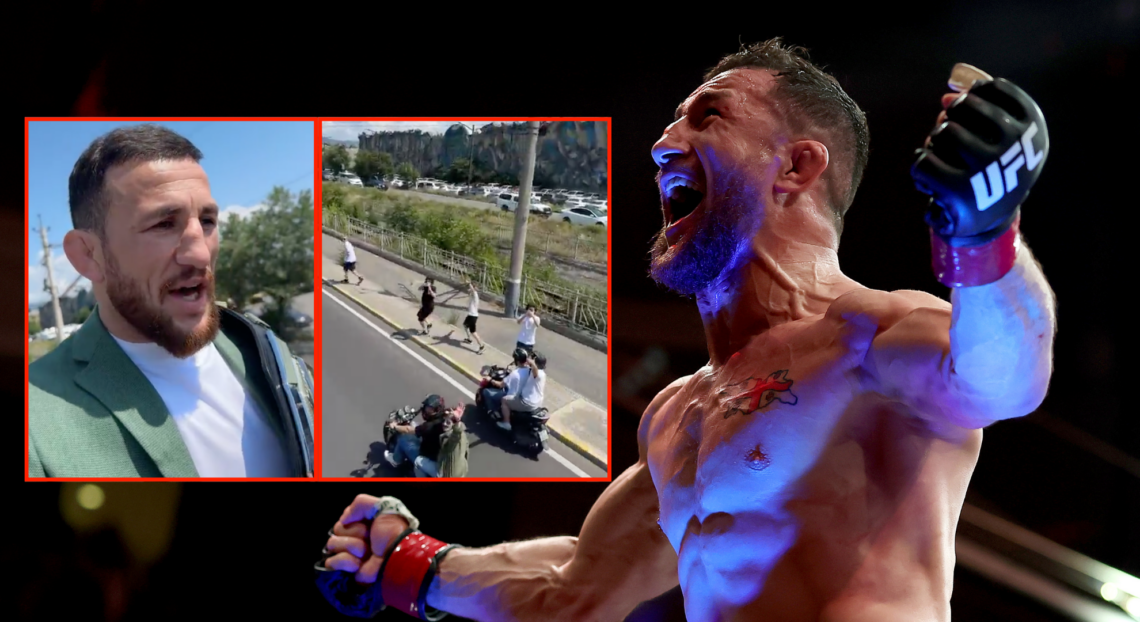 Merab Dvalishvili is swarmed by fans during open-top bus parade in Georgia