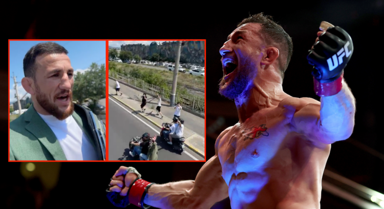 Merab Dvalishvili is swarmed by fans during open-top bus parade in Georgia