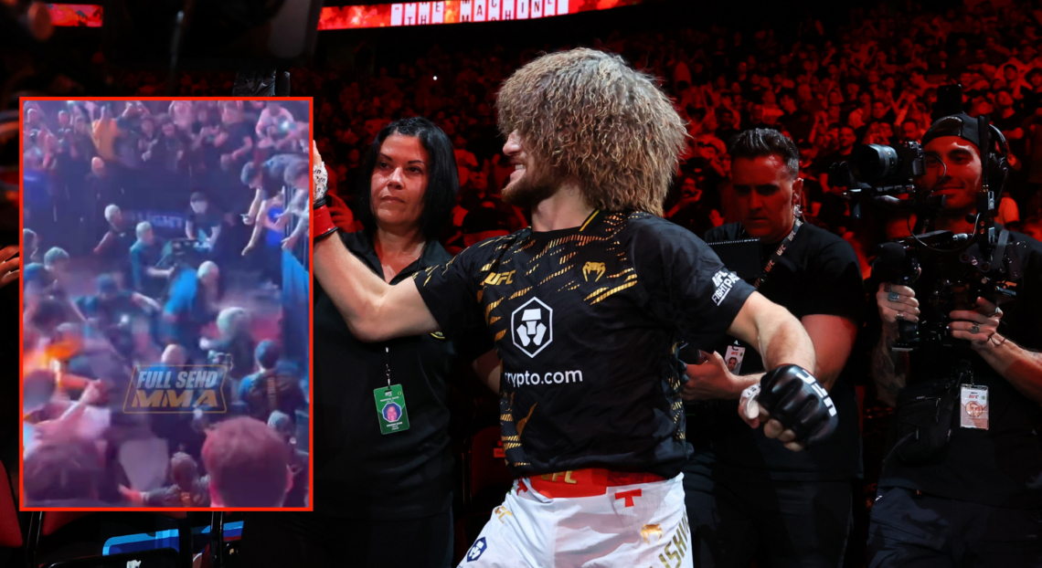 Merab Dvalishvili walks out for his UFC 316 fight against Sean O'Malley with an inset of fans falling over a barrier