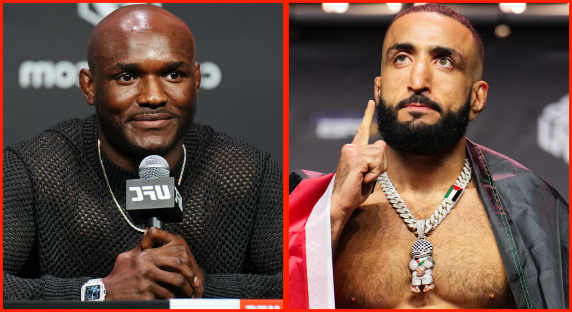 Kamaru Usman speaks at the UFC 286 pre-fight press conference, opposite Belal Muhammad on the scales at the UFC 304 ceremonial weigh-in