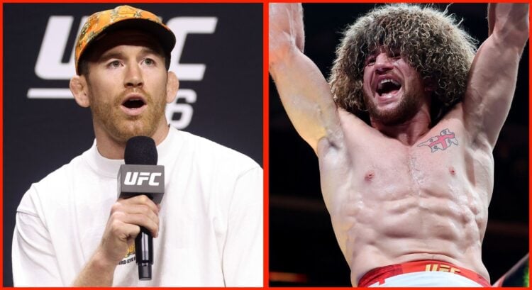 Cory Sandhagen answers a question during a UFC 316 Q+A session, opposite Merab Dvalishvili hoisting his UFC title
