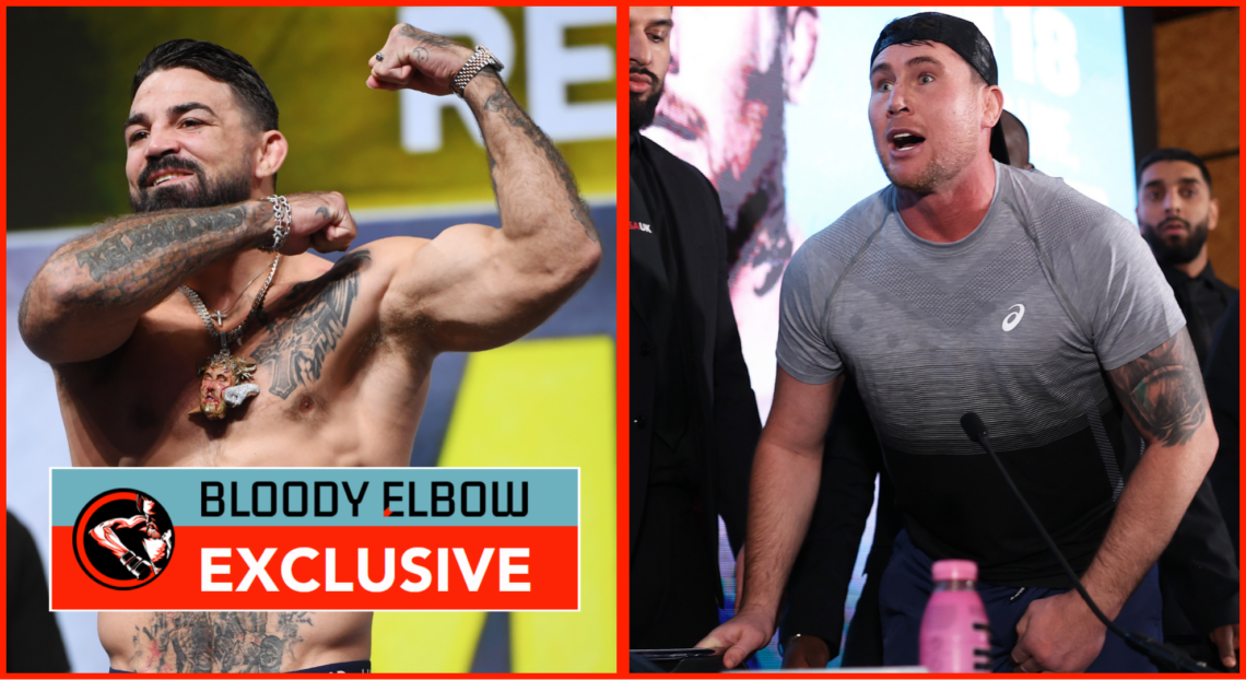 Left photo shows Mike Perry flexing and making a slit throat gesture. Right photo shows Darren Till enraged at a press conference