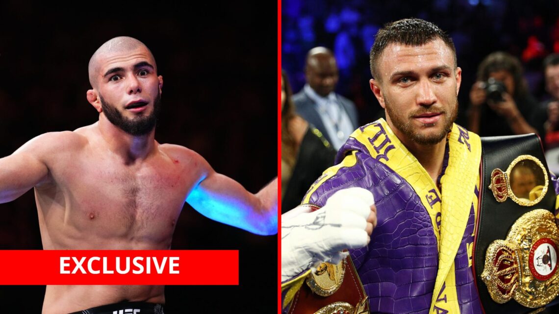 Split image of Muhammad Mokaev and Vasiliy Lomachenko celebrating wins with exclusive banner
