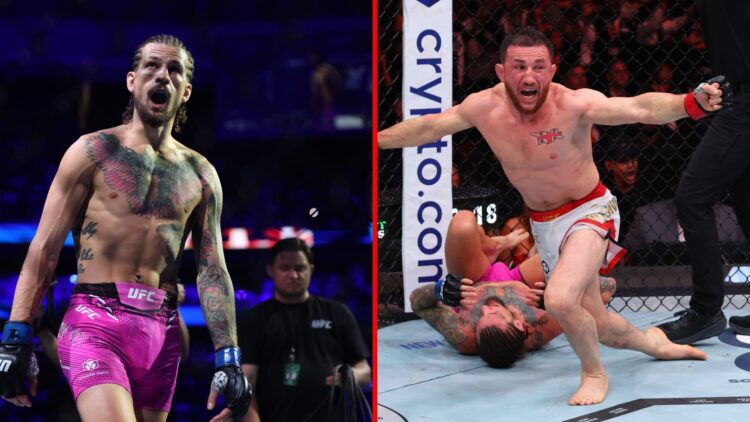 Split image of Sean O'Malley inside the octagon and Merab Dvalishvili celebrating