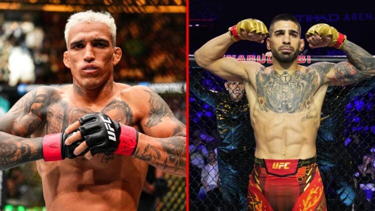 Split image of Charles Oliveira and Ilia Topuria inside the octagon