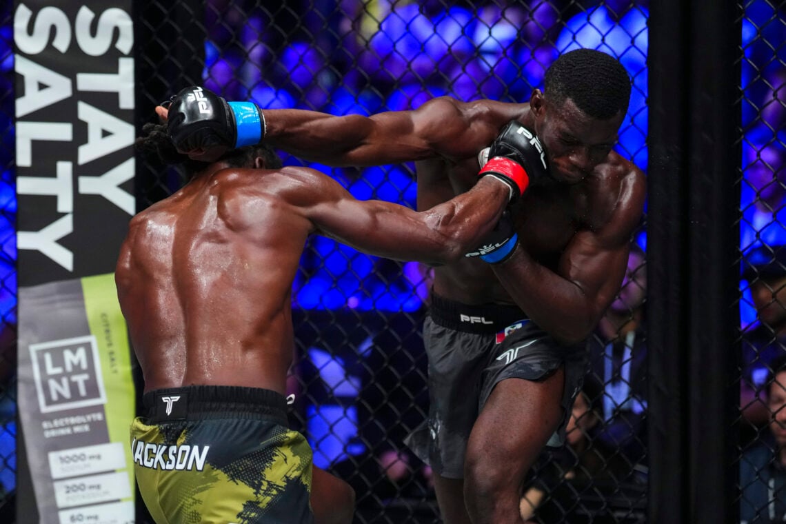 Jason Jackson and Thad Jean punch each other during a PFL fight
