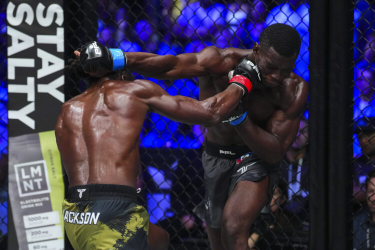 Jason Jackson and Thad Jean punch each other during a PFL fight