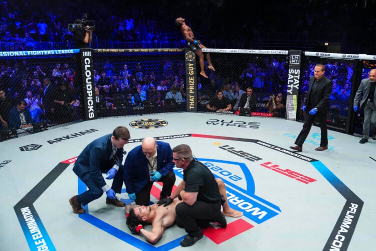 Biaggio Ali Walsh receives medical attention in the PFL cage as Ronnie Gibbs celebrates atop the structure