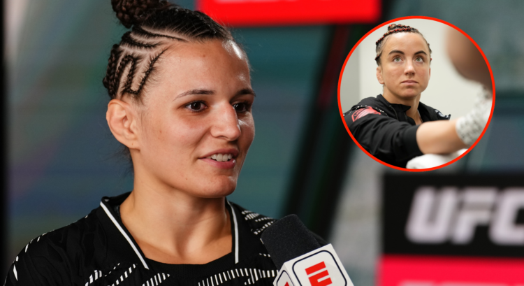 Erin Blanchfield speaks with ESPN after her fight was canceled at UFC Vegas 107, inset Maycee Barber in the locker room at UFC Vegas 107