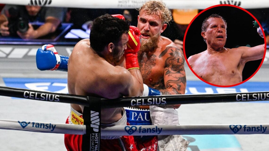 Jake Paul boxing Julio Cesar Chavez Jr. with an inset of Julio Cesar Chavez Sr.