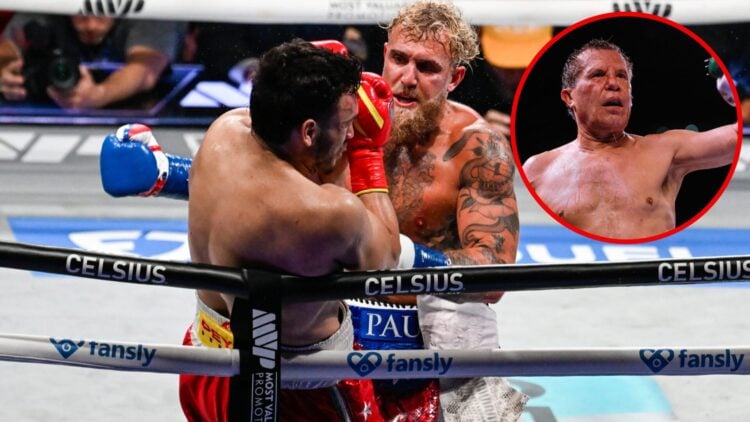 Jake Paul boxing Julio Cesar Chavez Jr. with an inset of Julio Cesar Chavez Sr.