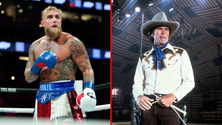 Split image of Jake Paul boxing and Clint Eastwood in cowboy attire