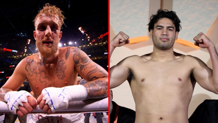 Split image of Jake Paul celebrating a win and Gilberto 'Zurdo' Ramirez weighing-in