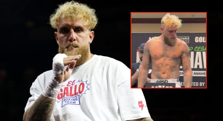 Jake Paul appears at an open workout, inset Paul successfully making weight ahead of his Julio Cesar Chavez Jr. fight