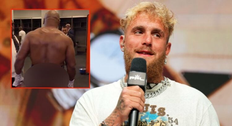 Jake Paul speaks at the PFL: Battle of the Giants press conference, inset Mike Tyson exposes his backside.