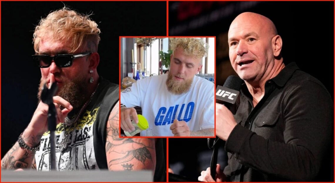Jake Paul shushes a crowd, Dana White speaks at the UFC 297 press conference, inset screenshot of Jake Paul drug testing himself