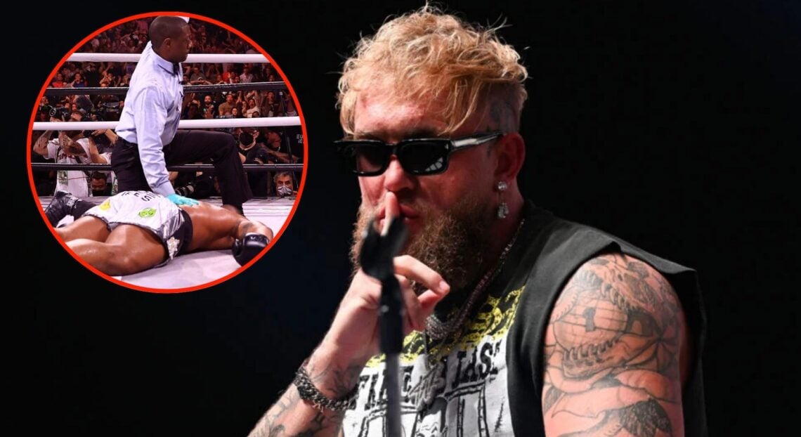Jake Paul shushes the Mike Tyson press conferrence crowd, inset Tyron Woodley unconcious after their rematch.