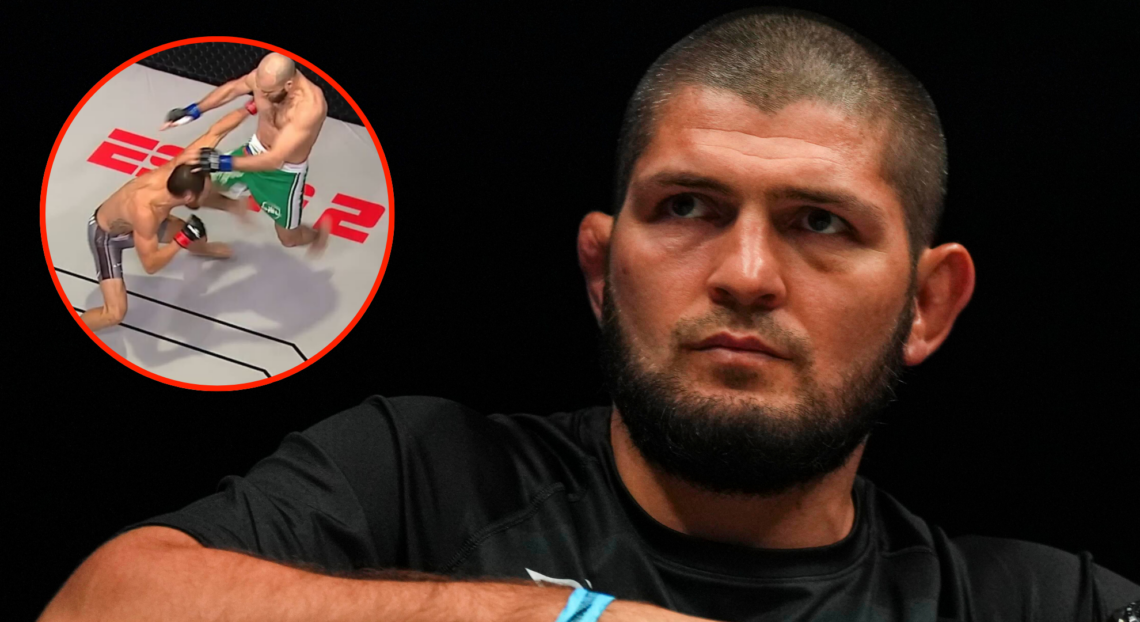 Khabib Nurmagomedov corners Usman Nurmagomedov at Bellator Champions Series 1, inset Movid Khaybulaev knocking out Damon Jackson