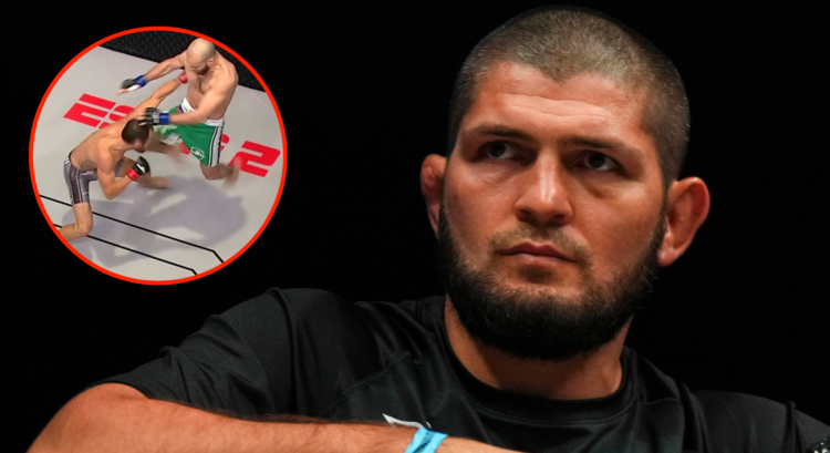 Khabib Nurmagomedov corners Usman Nurmagomedov at Bellator Champions Series 1, inset Movid Khaybulaev knocking out Damon Jackson