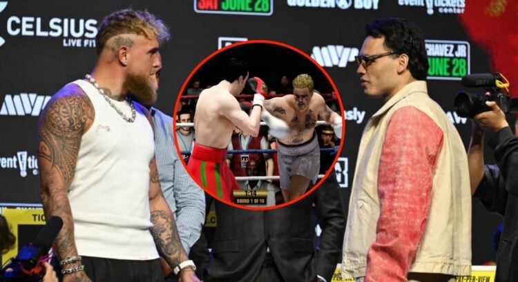 Jake Paul and Julio Cesar Chavez Jr. face off, inset of a video game simulation of their fight