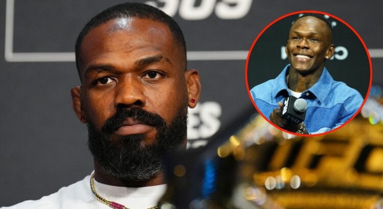 Jon Jones appears at the UFC 309 pre-fight press conference, inset Israel Adesanya at the UFC 305 press conference
