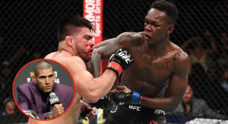 Israel Adesanya punches Kelvin Gastelum during their middleweight bout, inset Alex Pereira at the UFC 287 press conference
