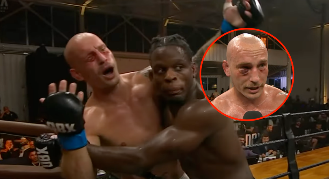 Sasha Palatnikov complains of a foul by Phil Hawes (main photo) and speaks into a microphone while showing an injury on his eye (bubble)