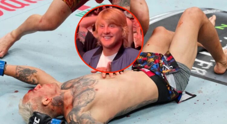 Charles Oliveira out cold at UFC 317, inset Paddy Pimblett's live reaction to the KO.