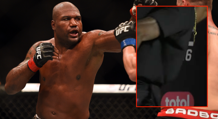 Rampage Jackson punches during a UFC fight. Block photo shows Kevin Holland walking out of UFC 316 media day