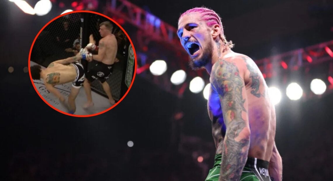 Sean O'Malley celebrates at UFC 292, inset screenshot of his KO win over David Nuzzo