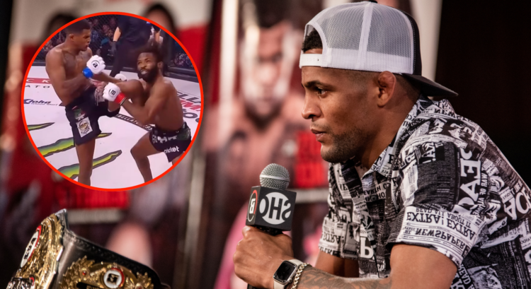 Patchy Mix answers a question at a Bellator press conference, inset Mix kneeing Raufeon Stots