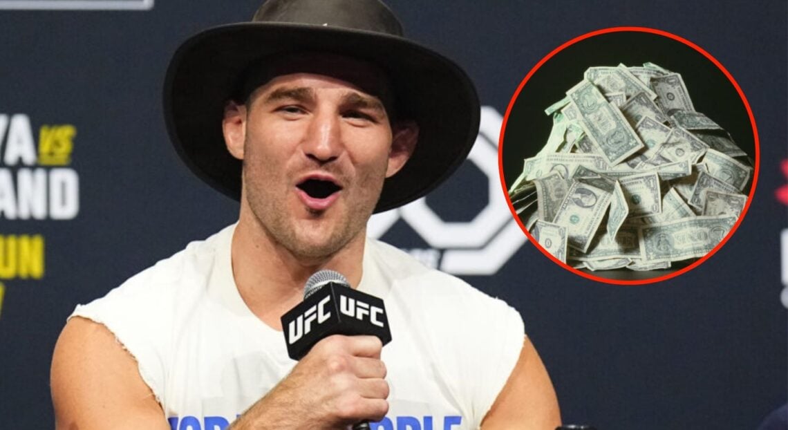 Sean Strickland speaks at the UFC 293 press confernece, inset an image of US dollar bills