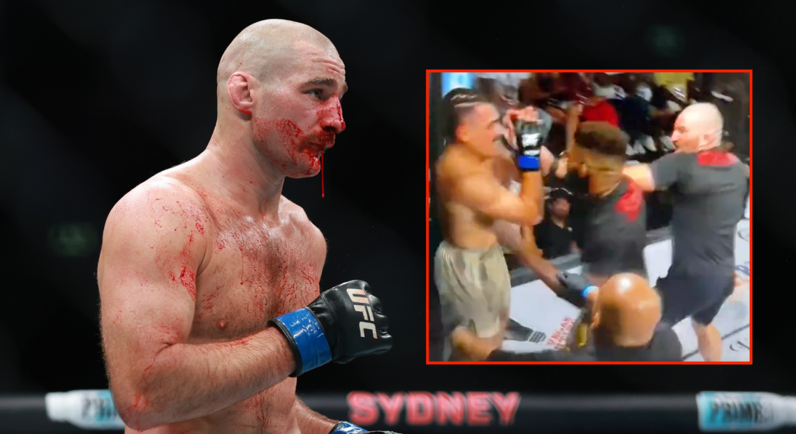 Sean Strickland during UFC 312 fight against Dricus Du Plessis with an inset of Sean Strickland throwing punch at fighter during Tuff-N-Uff brawl