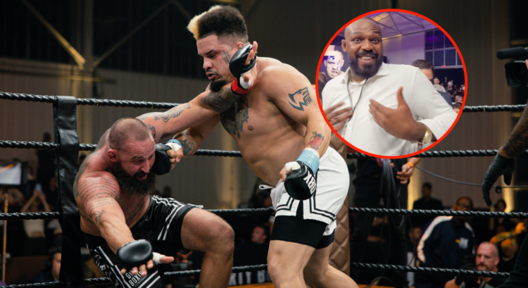 Robinson Perez drops his opponent (main photo), Jon Jones reacts in shock to being called out (bubble photo)