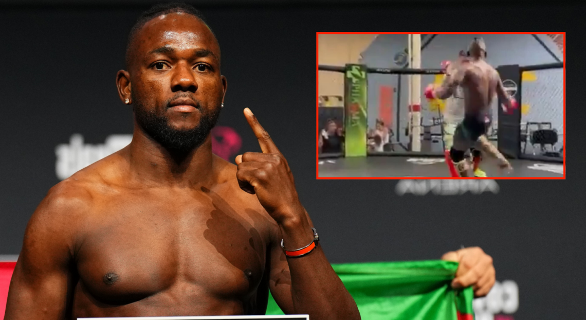Manel Kape poses on the scale during the UFC Tampa ceremonial weigh-in, inset Kape sparring at Xtreme Couture