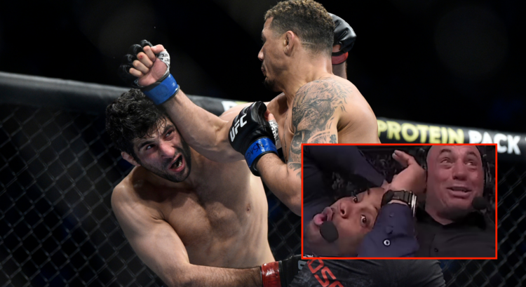 Beneil Dariush and Drakkar Klose trade punches during their fight, inset Joe Rogan and Daniel Cormier reacting