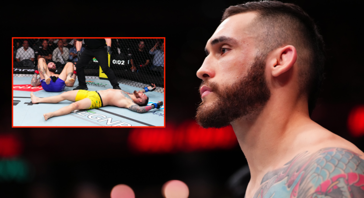 Rodolfo Bellato stares down his opponent at UFC Atlanta, inset Bellato on the canvas after an illegal up-kick from Paul Craig