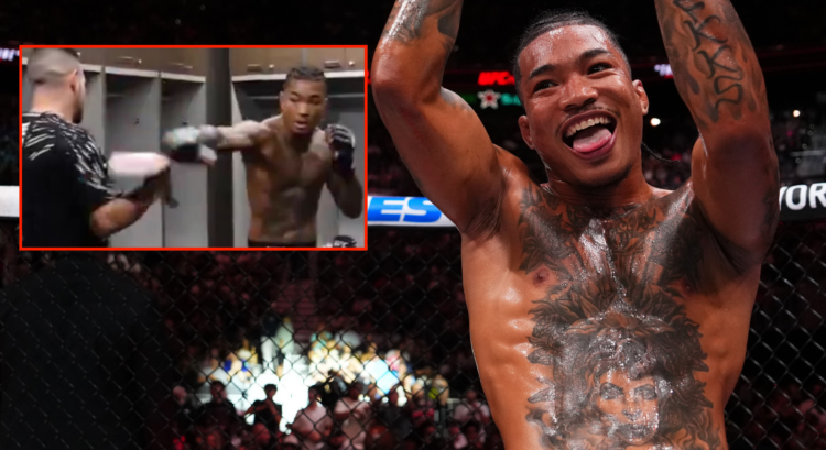 Malcolm Wellmaker celebrates after his knockout win at UFC Atlanta, inset Wellmaker hitting pads backstage