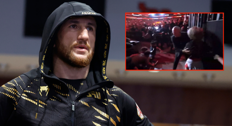 Merab Dvalishvili in his locker room before his fight at UFC 316, inset fans falling through a barrier during Dvalishvili's walkout