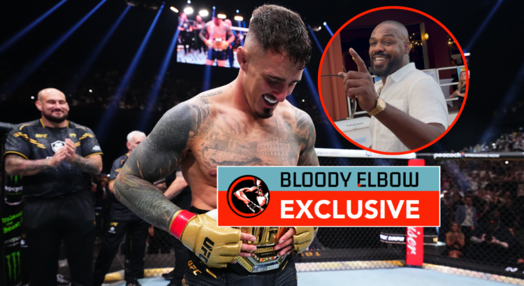 Main photo shows Tom Aspinall with the UFC belt. Bubble shows Jon Jones during an interview with Bloody Elbow. Overlay text reads: BLOODY ELBOW EXC...