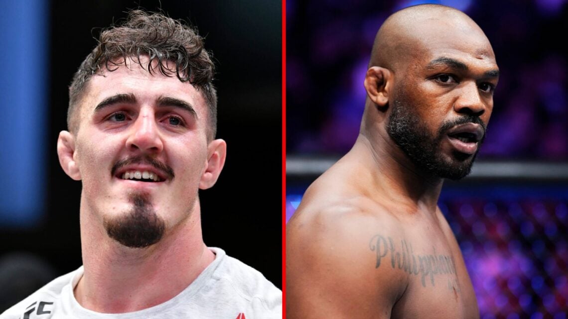 Split image pf Tom Aspinall and Jon Jones inside the octagon