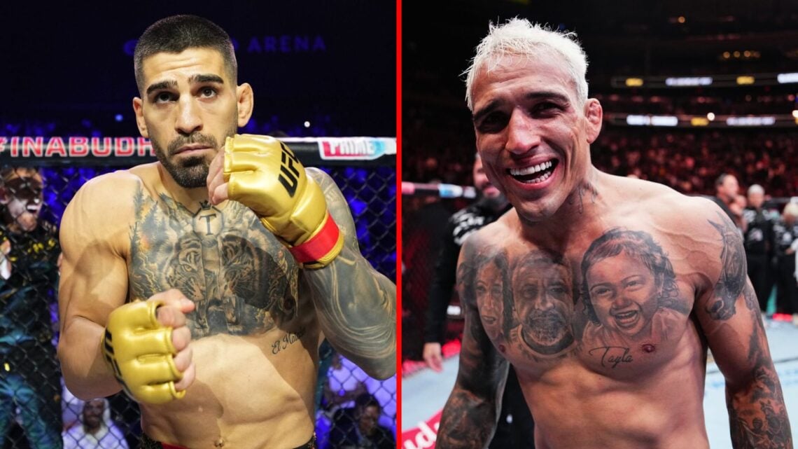 Split image of Ilia Topuria and Charles Oliveira inside the octagon