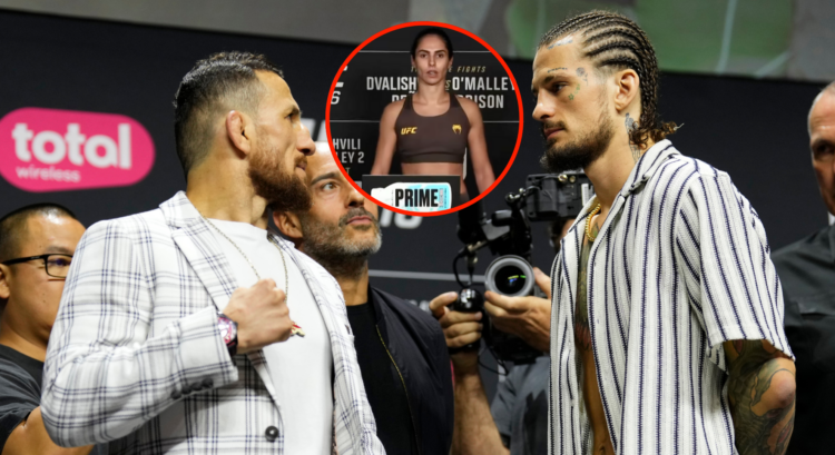 Merab Dvalishvili and Sean O'Malley face off at the UFC 306 press conference. Bubble shows Ariane Lipski missing weight for UFC 316