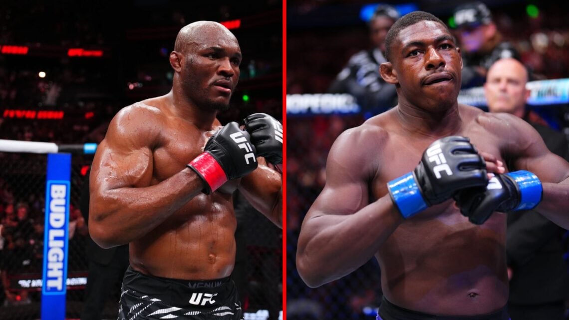 Split image of Kamaru Usman being interviewed and Joaquin Buckley in the cage