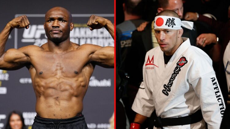 Split image of Kamaru Usman weighing-in and Georges St-Pierre walking to the octagon