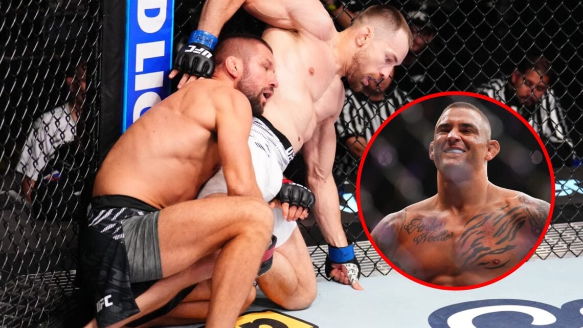 Main: Mateusz Gamrot grapples Ludovit Klein in their fight at UFC Vegas 107. Inset: Dustin Poirier inside the cage during his title fight against I...