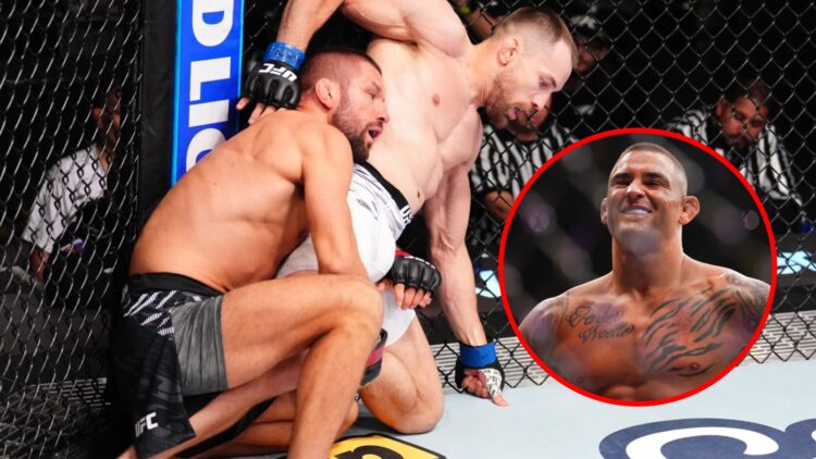 Main: Mateusz Gamrot grapples Ludovit Klein in their fight at UFC Vegas 107. Inset: Dustin Poirier inside the cage during his title fight against I...