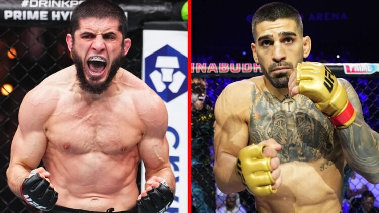 Split image of Islam Makhachev celebrating his UFC 311 and Ilia Topuria preparing to fight at UFC 308.