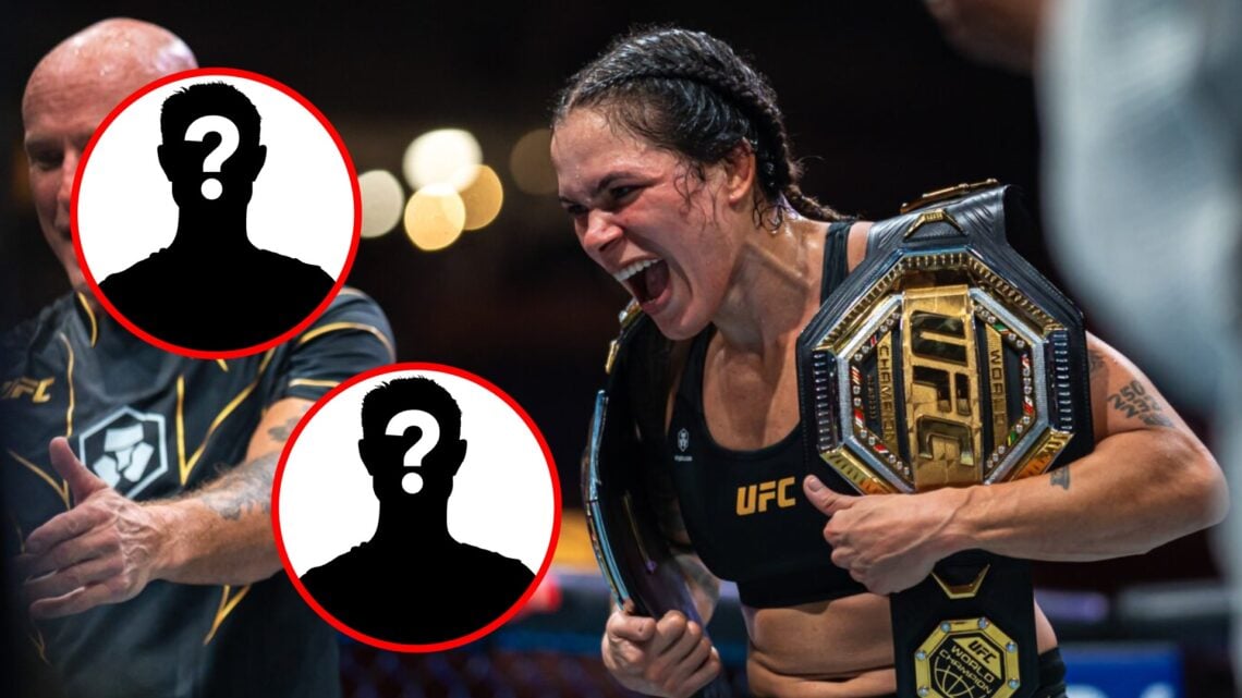 Main: Amanda Nunes celebrates after beating Irene Aldana in their title fight at UFC 289. Insets: Mystery fighters