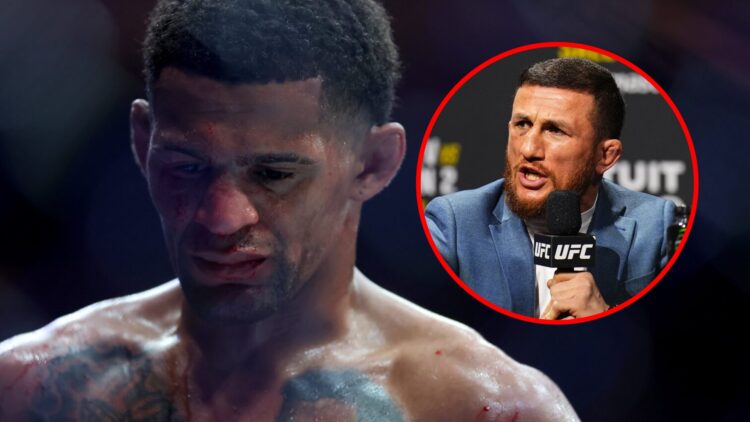 Main: Patchy Mix in the cage during his fight against Mario Bautista at UFC 316. Inset: Merab Dvalishvili speaks during the UFC 311 press conference.